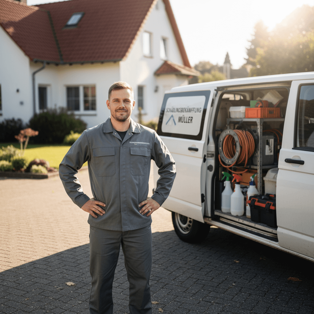 Techniker vor Einsatzfahrzeug bei der Vorbereitung auf Ameisen Kammerjäger Einsatz