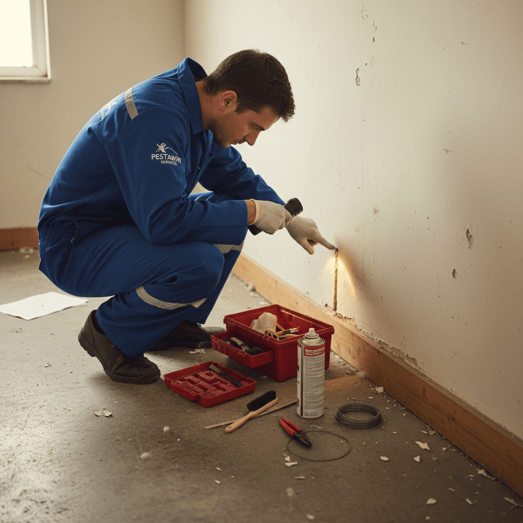 Techniker prüft Fußleisten auf Befall